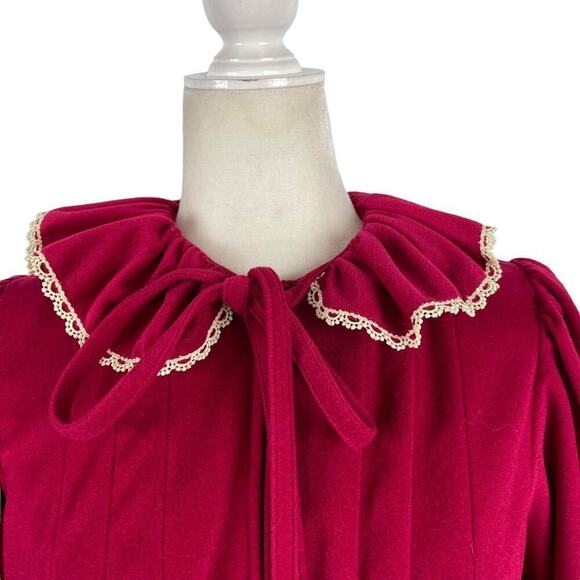 Vintage 80s Oscar De La Renta Fleece Rococo Robe Lace Trim Balloon Sleeves Small - Picture 4 of 15
